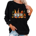 Women's black raglan sweatshirt featuring festive autumn gnomes and pumpkin print - S / Tops / Black (1998)