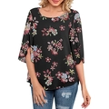 Detail of floral print chiffon top featuring split half sleeves and a round neckline - S / Black With Red Flowers