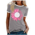 Women's grey crewneck t-shirt with pink sunflower heart print and white contrast trim - 3XL / Tops / Gray (Sunflower Heart-1018X)