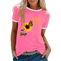 T-shirt rosa da donna con stampa girasole e bordi bianchi a contrasto sul collo - S / Rosa