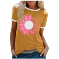 Women's mustard yellow short sleeve T-shirt with pink sunflower and heart print design - 3XL / Tops / Yellow (Sunflower Heart-1018X)