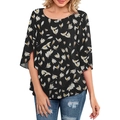 Detail of elegant split cape sleeves and floral print on women's casual round neck blouse - S / Black With White Flowers