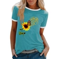 T-shirt azzurra con stampa a girasole e farfalla e colletto bianco a contrasto - S / Blu