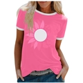 Pink crew neck t-shirt for women with creative sunflower heart print and white contrast trim - 3XL / Tops / Pink (Sunflower Heart-1018X)