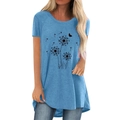 Detail of light blue A-line T-shirt with black dandelion print and round neckline - S / Blue