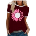 Women's burgundy ringer tee with pink sunflower and heart graphic and white trim - 3XL / Tops / Burgundy (Sunflower Heart-1018X)
