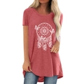 Camiseta de mujer coral oscuro con manga corta y estampado de atrapasueños y mariposas - S / Rosa