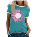 Women's teal cotton T-shirt with pink sunflower print and white contrast trim - 3XL / Tops / Blue (Sunflower Heart-1018X)