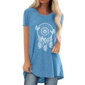 Light blue oversized T-shirt with dreamcatcher and butterfly print and curved hemline - S / Blue