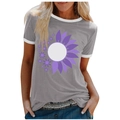 Women's grey ringer t-shirt with purple sunflower print and white contrast trim - 3XL / Tops / Gray (Purple Sunflower-1020X)