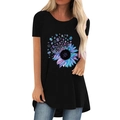 T-shirt da donna nera casual con stampa girasole puzzle e scollo rotondo - S / Nero