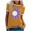 Mustard yellow women's t-shirt with sunflower print and white contrast trim sleeves - 3XL / Tops / Yellow (Purple Sunflower-1020X)