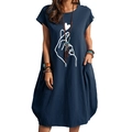Vestido de mujer azul marino en algodón y lino con estampado de corazón y bolsillos - S / Azul Marino