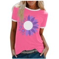 Bright pink short sleeve t-shirt with sunflower print and white contrast crew neck collar - 3XL / Tops / Pink (Purple Sunflower-1020X)