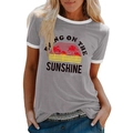 Detail of grey sunshine t-shirt with coconut tree print and white ringer neckline - S / Tops / Gray