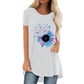 White crew neck T-shirt with sunflower and puzzle print worn by a female model - S / White