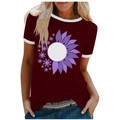 Women's dark red loose T-shirt with flower print and white contrast neck trim - 3XL / Tops / Burgundy (Purple Sunflower-1020X)