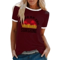 Detail of burgundy ringer tee featuring a tropical coconut tree and sunshine graphic - S / Tops / Burgundy
