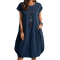 Elegant navy blue cotton linen dress with loose fit and side pockets for summer wear - S / Navy Blue