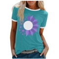 Teal short-sleeved t-shirt for women with purple sunflower print and white contrast trim - 3XL / Tops / Blue (Purple Sunflower-1020X)