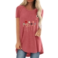 Coral pink round neck T-shirt featuring a colorful geometric floral print for women - S / Pink