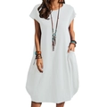 Summer casual white cotton linen dress with round neck and practical side pockets - S / White