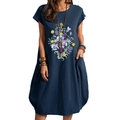 Abito in cotone e lino blu navy con stampa floreale, maniche corte e tasche laterali - S / Blu Notte