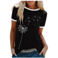 Women's black Ringer Tee with dandelion print and white contrast ribbing neck - 3XL / Tops / Black (Dandelion-1021X)