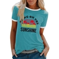 Women's blue ringer t-shirt with sunshine palm tree print on a white background - S / Tops / Blue