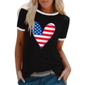 Zwart dames t-shirt met korte mouwen en Amerikaanse vlag hartprint voor Onafhankelijkheidsdag - S / Zwart