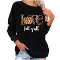 Women's black crewneck sweatshirt featuring Fall Y'all leopard pumpkin graphics - S / Top (Pumpkin Leopard Print) / Black