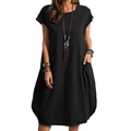 Black loose-fit cotton linen summer dress with short sleeves and large side pockets - S / Black