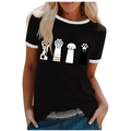 Women's black crew neck t-shirt with contrast white trim and four cute cat paw prints - 3XL / Tops / Black (Cartoon Cat Paw-1024X)