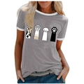 Grey ringer T-shirt for women featuring cute cartoon cat paw prints and white trim edges - 3XL / Tops / Gray (Cartoon Cat Paw-1024X)
