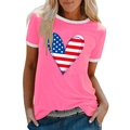 Hot pink Independence Day T-shirt with heart-shaped American flag print and white trim - S / Pink