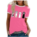 Bright pink summer T-shirt with cartoon cat paw prints and white ringer trim - 3XL / Tops / Pink (Cartoon Cat Paw-1024X)