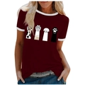 Women's burgundy round neck t-shirt with creative cat paw prints and white contrast trim - 3XL / Tops / Burgundy (Cartoon Cat Paw-1024X)