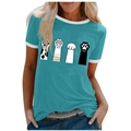 Women's teal cotton t-shirt with cute cartoon cat paw prints and white contrast trim - 3XL / Tops / Blue (Cat Paw Pattern) (1024X)