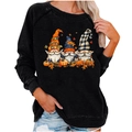 Women's black Halloween gnome graphic sweatshirt featuring festive pumpkin and maple leaf prints - S / Gnome Print Top (2004) / Black