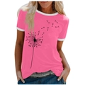 Women's bright pink short sleeve T-shirt with dandelion print and white contrast trim - 3XL / Tops / Pink (Dandelion Pattern) (1026X)