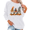 White long-sleeved Halloween sweatshirt featuring three festive cartoon autumn gnomes - S / Gnome Print Top (2004) / White