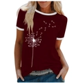 Deep burgundy ringer T-shirt for women with white dandelion print and ribbed edges - 3XL / Tops / Wine Red (Dandelion Pattern) (1026X)