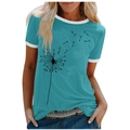 Teal short sleeve t-shirt with dandelion print and white contrast trim for women - 3XL / Tops / Blue (Dandelion Pattern) (1026X)