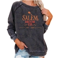 Dark grey crewneck sweatshirt featuring orange Salem Broom Co. vintage Halloween print - S / Retro Broom Print Top (2005) / Dark Gray
