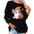 Women's black Halloween sweatshirt featuring cute ghost and pumpkin festive print - S / Top - Ghost Print(2006) / Black