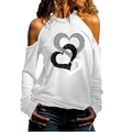 T-shirt femme à épaules dénudées et manches longues avec trois motifs de cœur en blanc - S / Hauts / Blanc-Imprimé triple cœur superposé