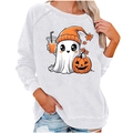 White Halloween raglan sweatshirt featuring a cute ghost, pumpkin, and leaf cartoon print - S / Top - Ghost Print(2006) / White