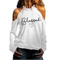 Detail von weißem Cold-Shoulder-Oberteil mit Blessed-Text und Herzaufdruck für Damen - S / Blessed Schriftzug Druck