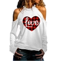 Détail de l'épaule dénudée et de l'imprimé cœur écossais sur le sweat-shirt blanc - S / Hauts / Blanc-Imprimé cœur écossais Love