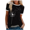 Women's black short sleeve t-shirt with dandelion print and white contrast trim - 3XL / Tops / Black (Dandelion Pattern) (1026X)